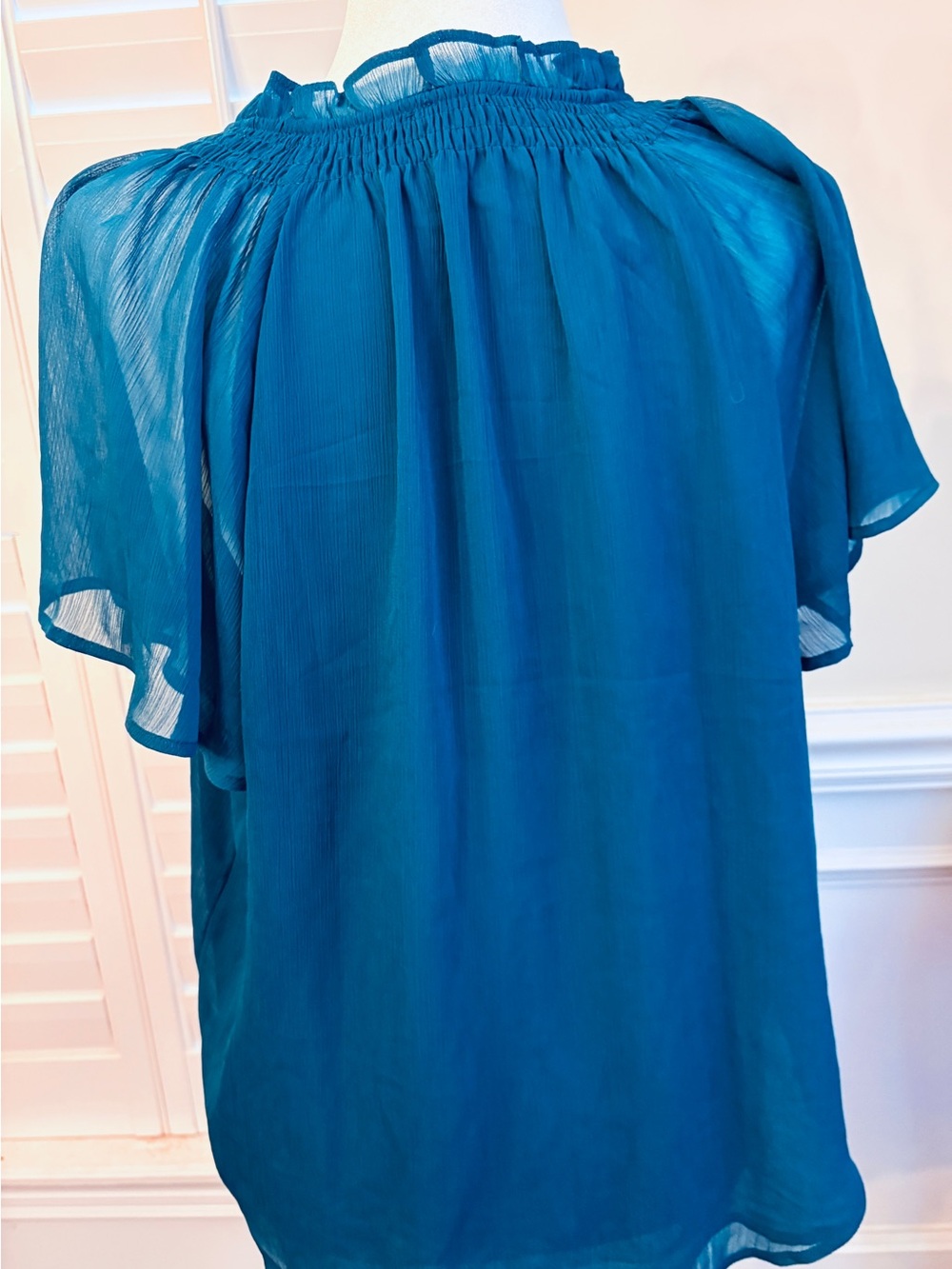 Ann Taylor Teal Flutter Sleeve Smocked Neck Blouse - Picture 2 of 3